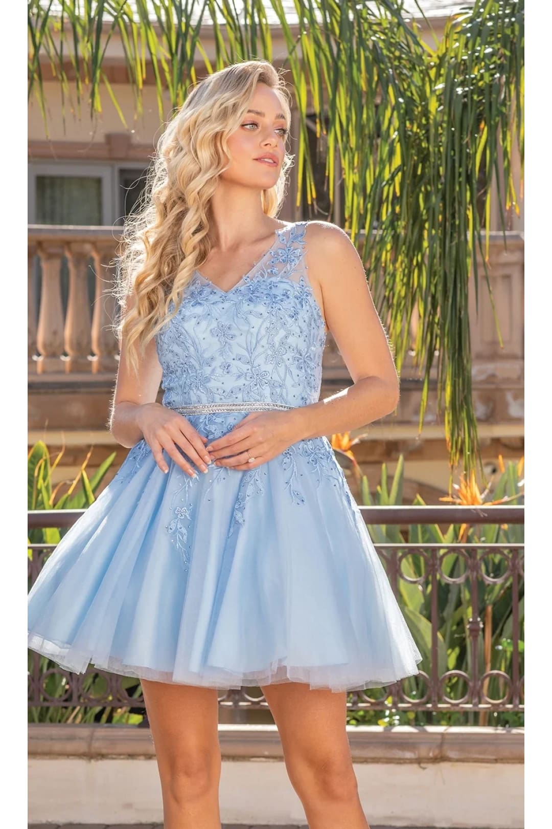 Dancing Queen Dresses DQ-21-3296 Short Dress with Embroidered Bodice - Bahama Blue / XS - Dress