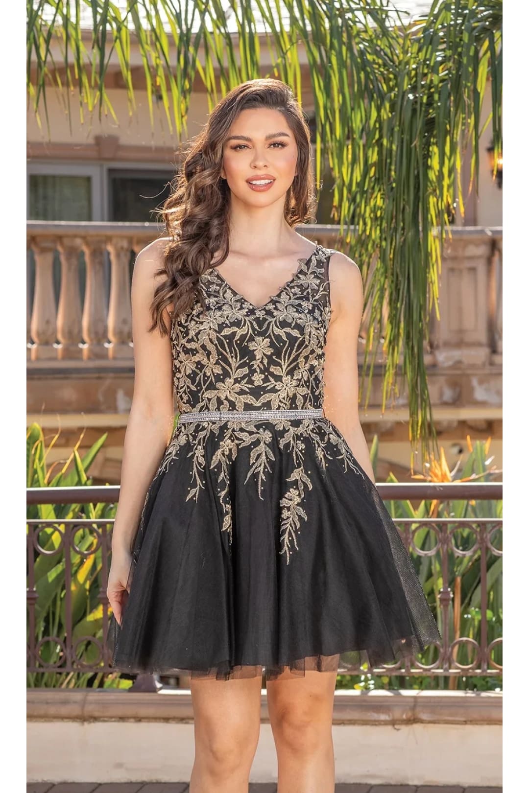 Dancing Queen Dresses DQ-21-3296 Short Dress with Embroidered Bodice - BLACK/GOLD / XS - Dress
