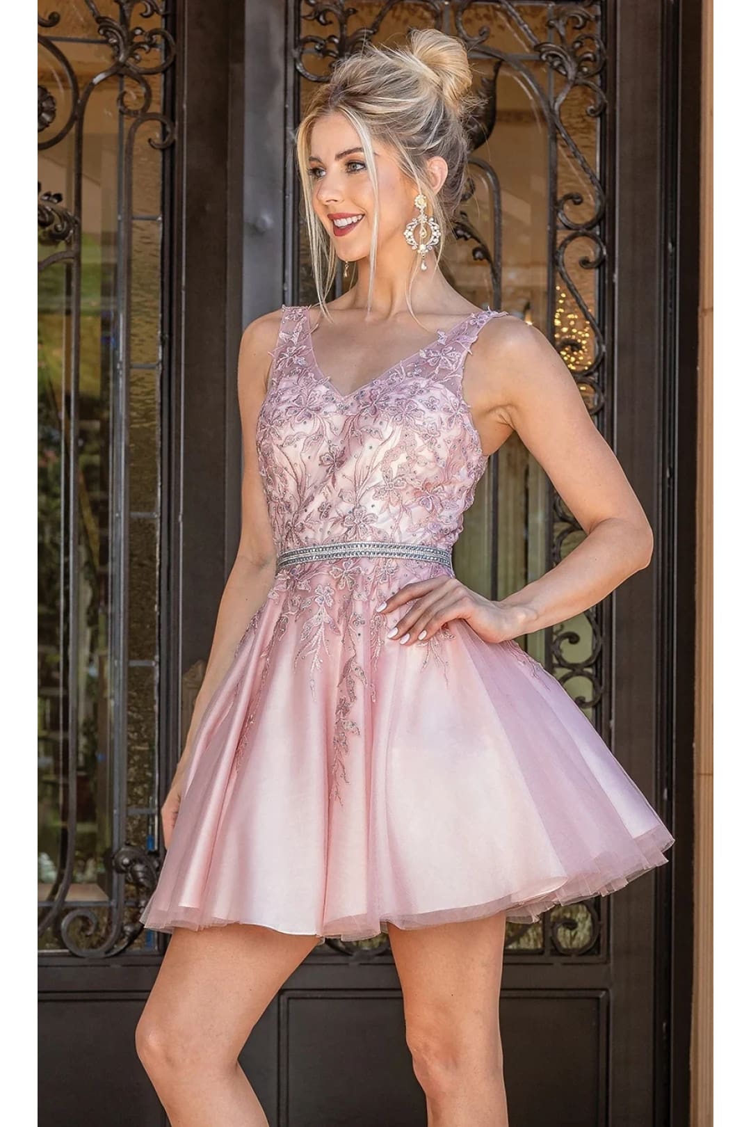 Dancing Queen Dresses DQ-21-3296 Short Dress with Embroidered Bodice - Blush / XS - Dress