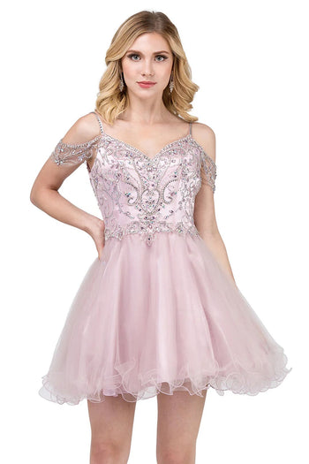 Dancing Queen Dresses DQ-22-2023 Cold-Shoulder Short Homecoming Dress - Dusty Pink / XS - Dress