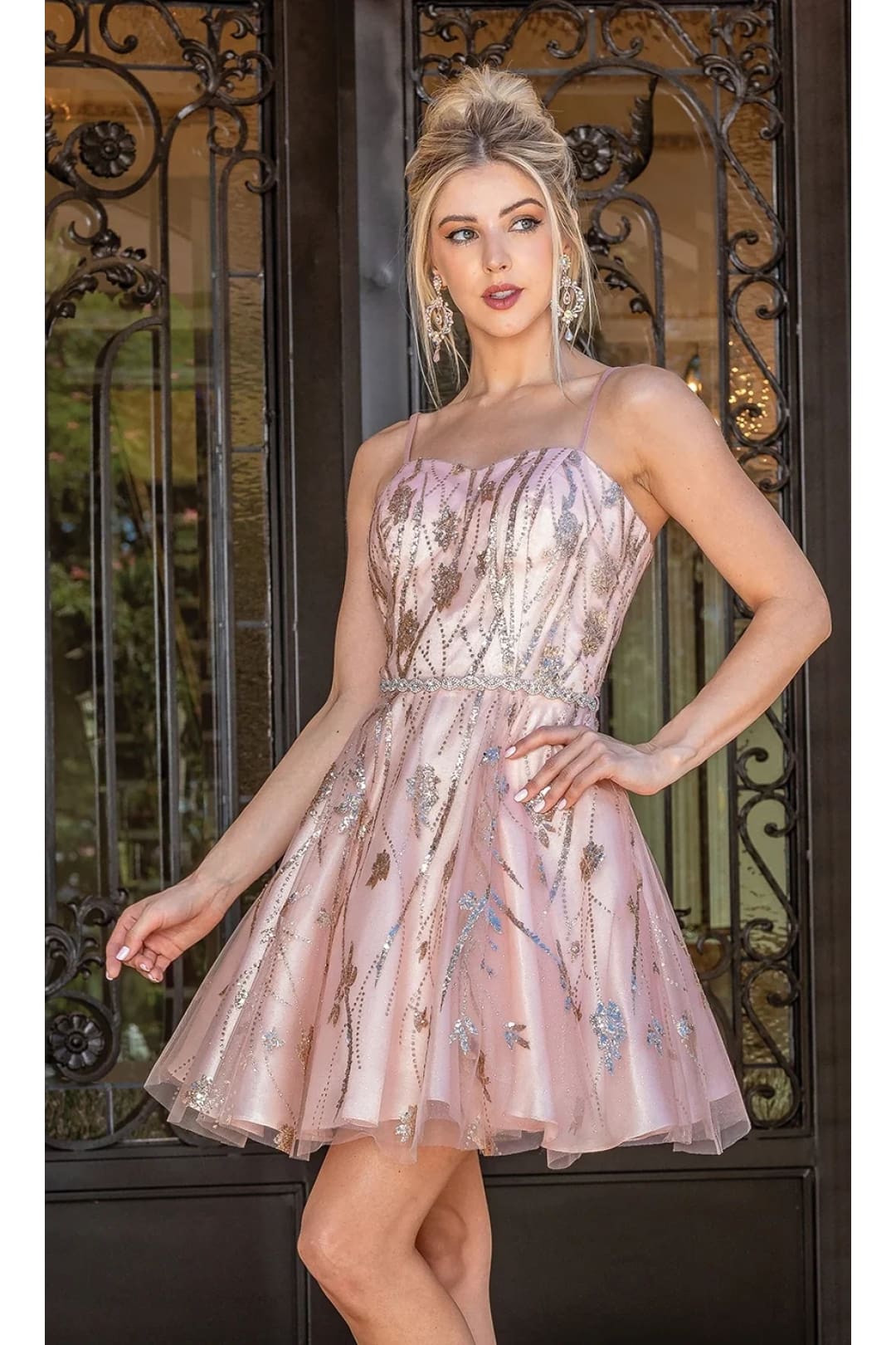 Dancing Queen Dresses DQ-22-3311 Glitter-Print A-Line Homecoming Dress - Rose gold / XS - Dress