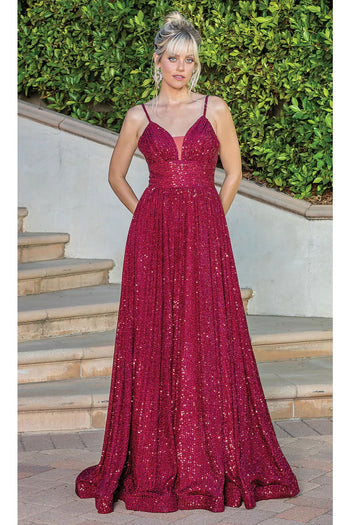 Dancing Queen Dresses DQ-22-4255 Empire-Waist Long Sequin Ball Gown - Burgundy / XS - Dress