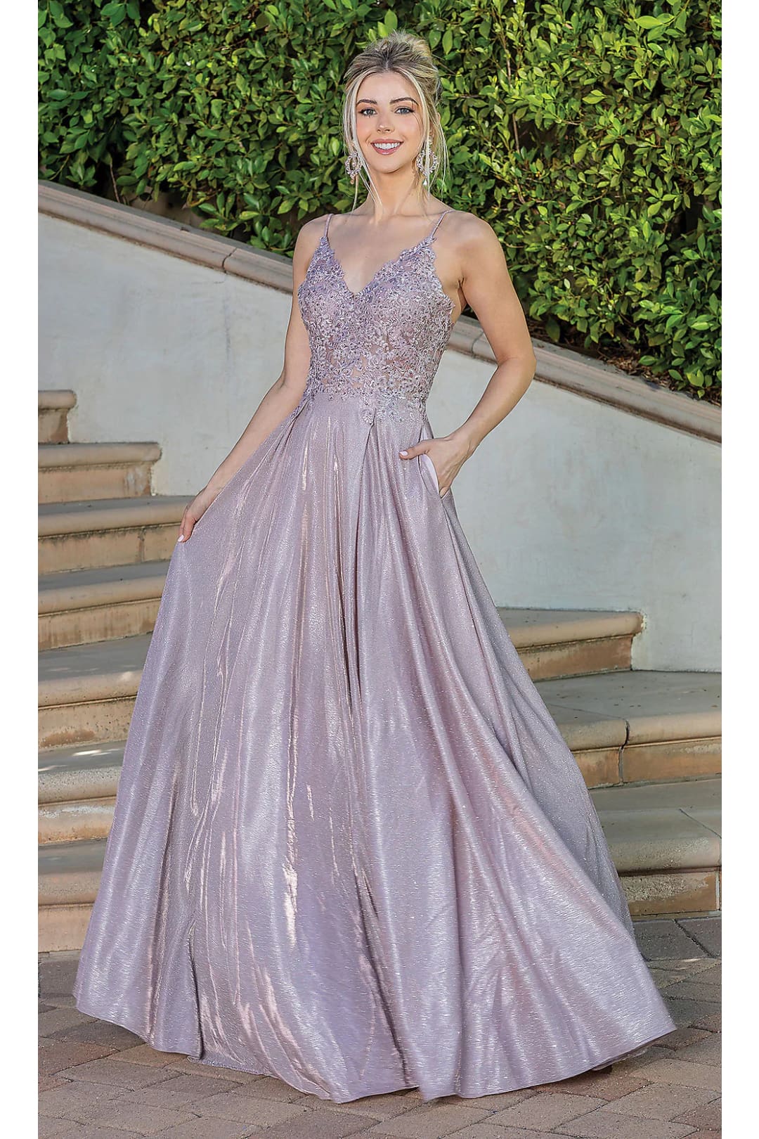 Dancing Queen Dresses DQ-22-4261 Corset-Back Long Dress with Pockets - Rose gold / XS - Dress
