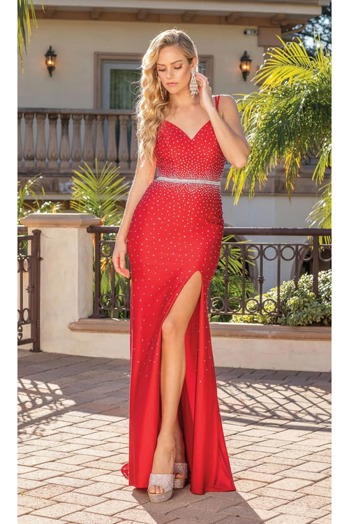 Dancing Queen Dresses DQ-22-4270 Jeweled Long Formal Dress with Train - Red / XS - Dress