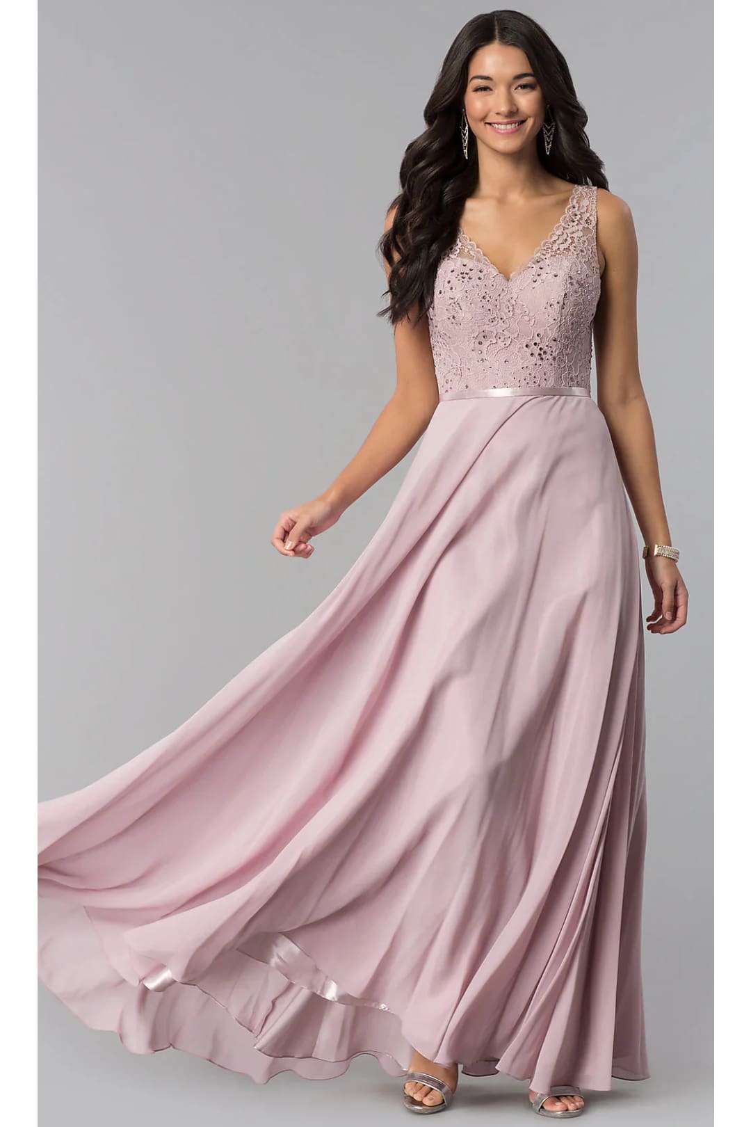 Dancing Queen Dresses DQ-2267 V-Neck Sleeveless Lace-Bodice Long Dress - Mocha / XS - Dress
