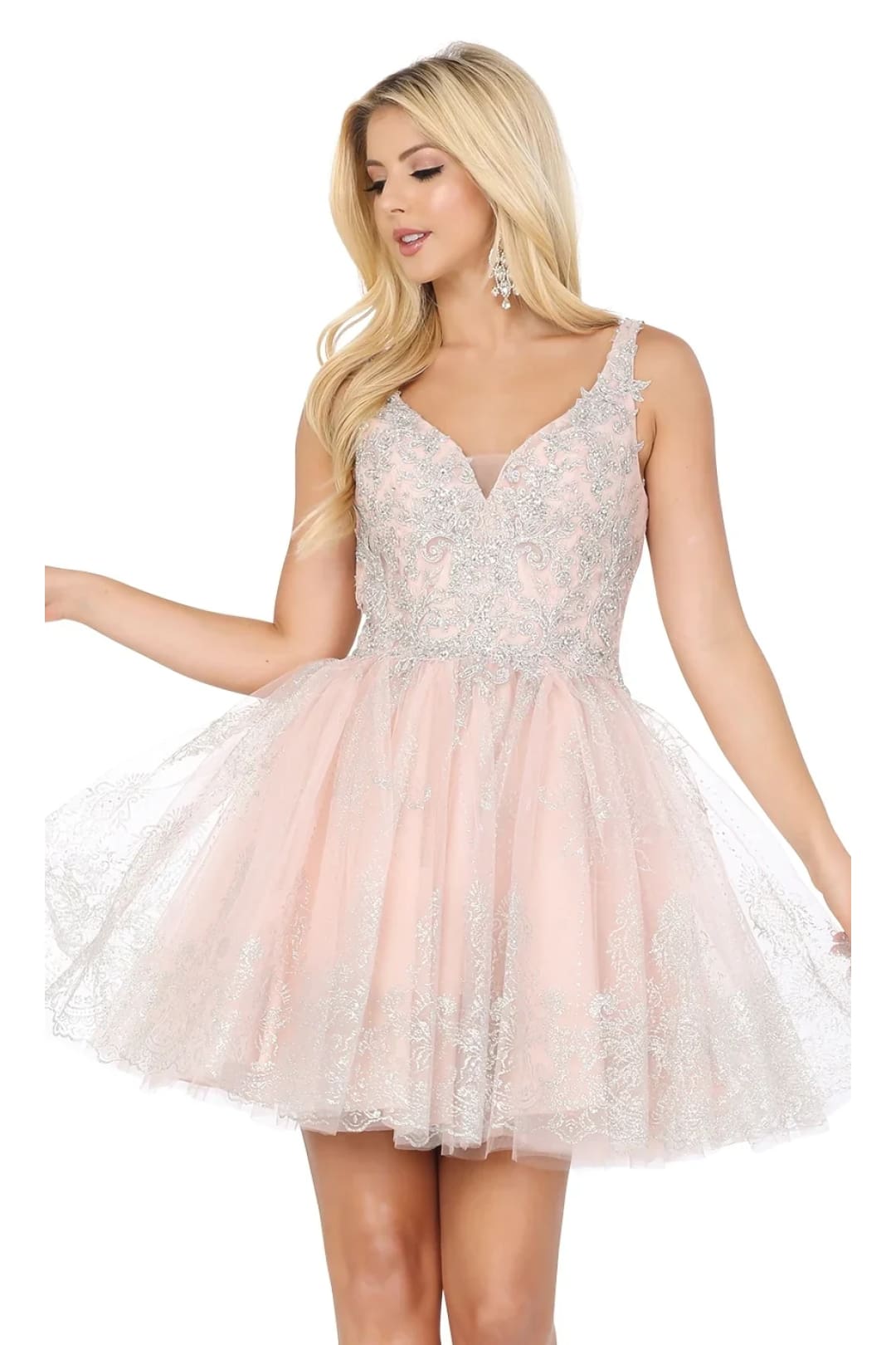 Dancing Queen Dresses DQ-3237 Silver-Beaded Short Babydoll Hoco Dress - Blush / XS - Dress