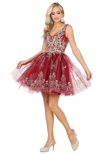 Dancing Queen Dresses DQ-3237 Silver-Beaded Short Babydoll Hoco Dress - Burgundy / XS - Dress