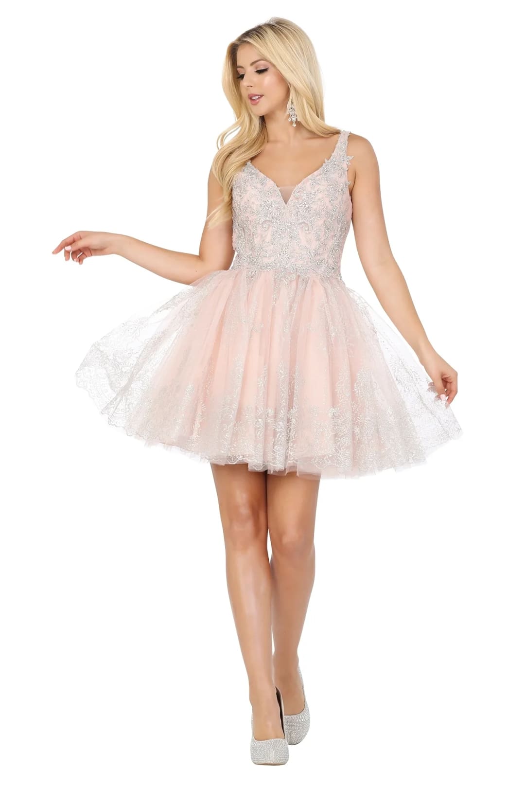 Dancing Queen Dresses DQ-3237 Silver-Beaded Short Babydoll Hoco Dress - Dress