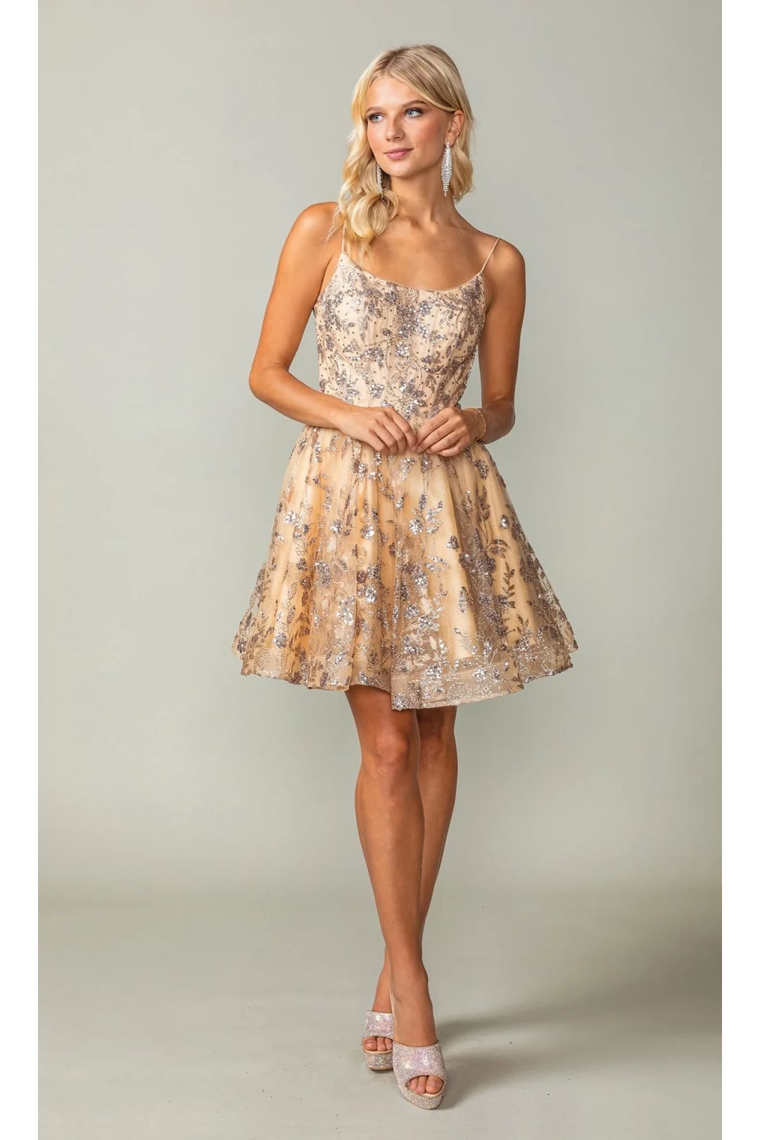 Dancing Queen Dresses DQ-3343 Short Glitter-Print Homecoming Dress - Gold / XS - Dress
