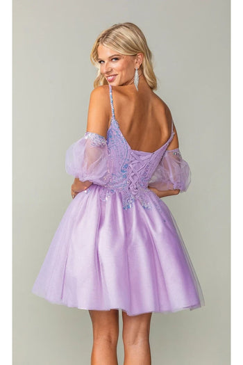 Dancing Queen Dresses DQ-3362 Puff-Sleeve Purple Homecoming Dress - Dress