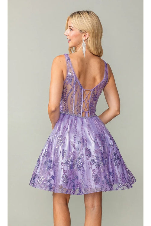 Dancing Queen Dresses DQ-3364 Sheer-Back Short Glitter-Print Dress - Dress