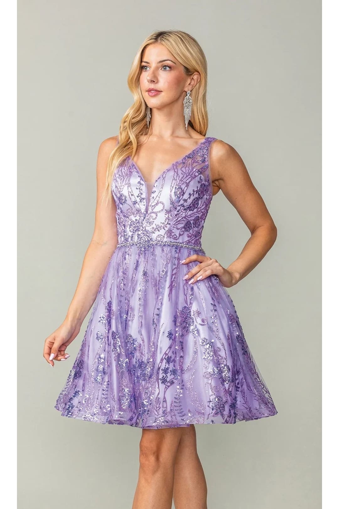 Dancing Queen Dresses DQ-3364 Sheer-Back Short Glitter-Print Dress - Dress