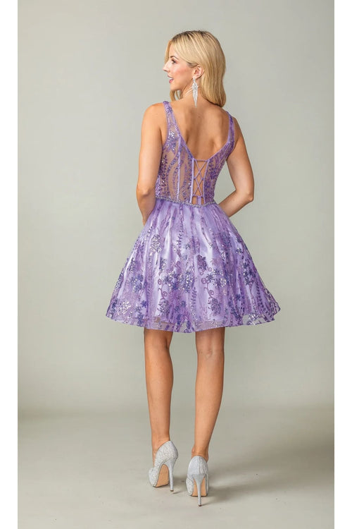 Dancing Queen Dresses DQ-3364 Sheer-Back Short Glitter-Print Dress - Lilac / XS - Dress