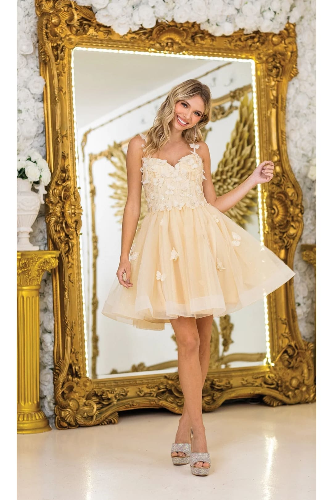 Dancing Queen Dresses DQ-3369 Lace-Up Short Butterfly Homecoming Dress - Champagne / XS - Dress