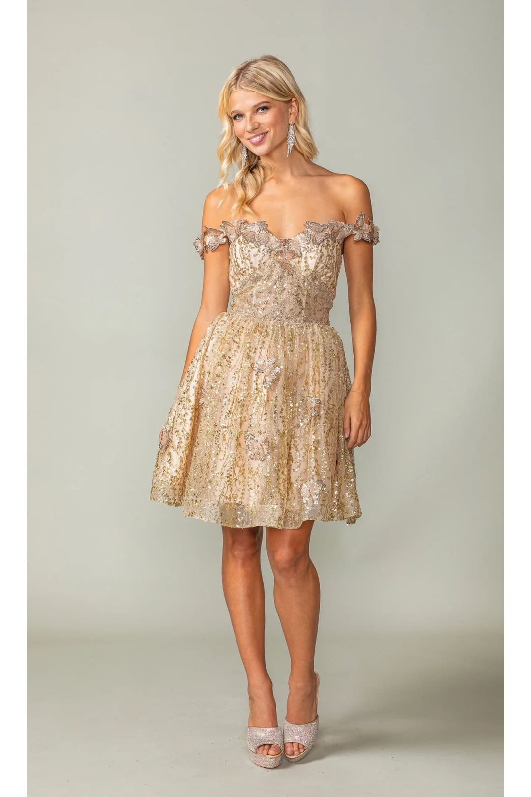 Dancing Queen Dresses DQ-3370 Short Gold Butterfly Homecoming Dress - Gold / XS - Dress