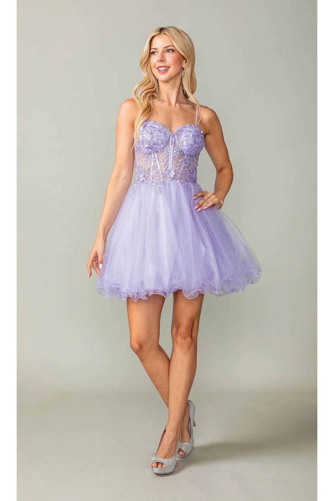 Dancing Queen Dresses DQ-3382 Sheer-Waist Short Homecoming Dress - Lilac / XS - Dress
