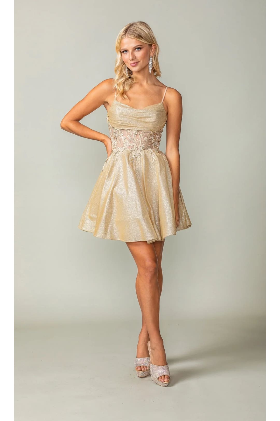 Dancing Queen Dresses DQ-3386 Cowl-Neck Short Glitter Homecoming Dress - Blush / M - Dress