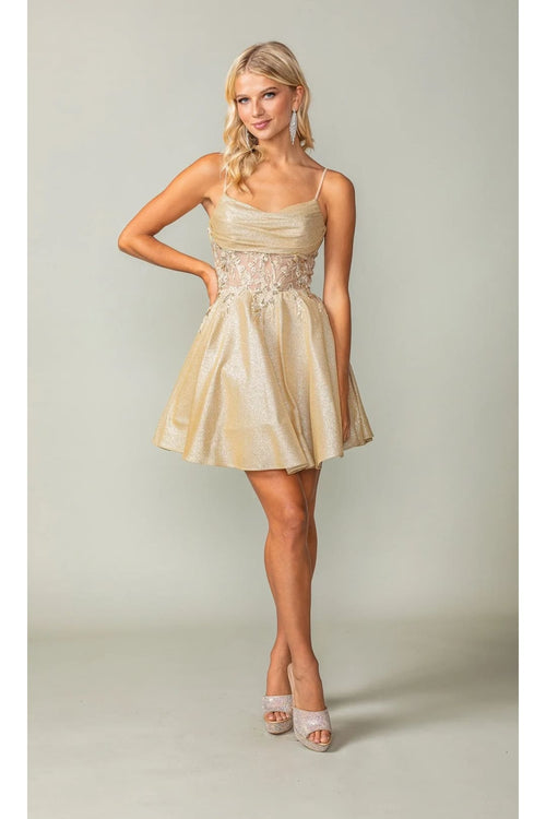 Dancing Queen Dresses DQ-3386 Cowl-Neck Short Glitter Homecoming Dress - Blush / M - Dress