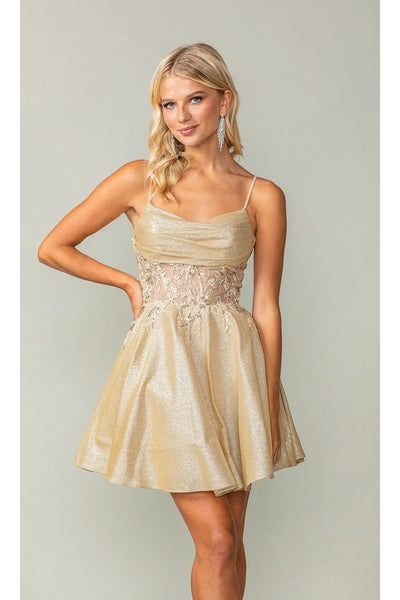 Dancing Queen Dresses DQ-3386 Cowl-Neck Short Glitter Homecoming Dress - Dress