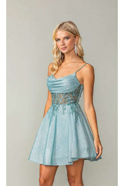 Dancing Queen Dresses DQ-3386 Cowl-Neck Short Glitter Homecoming Dress - Dress