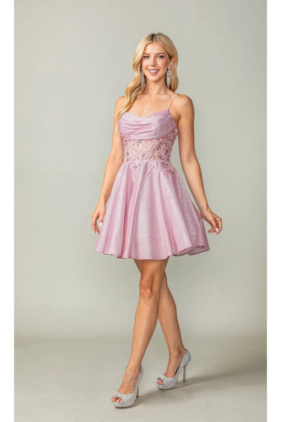 Dancing Queen Dresses DQ-3386 Cowl-Neck Short Glitter Homecoming Dress - Dress