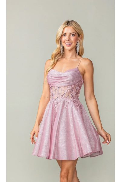 Dancing Queen Dresses DQ-3386 Cowl-Neck Short Glitter Homecoming Dress - Dress
