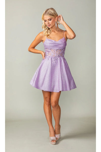 Dancing Queen Dresses DQ-3386 Cowl-Neck Short Glitter Homecoming Dress - Lilac / XS - Dress