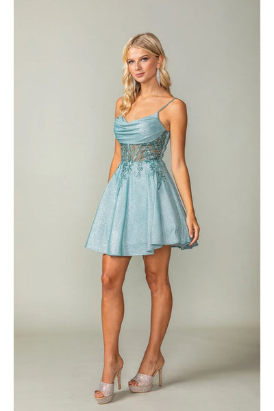 Dancing Queen Dresses DQ-3386 Cowl-Neck Short Glitter Homecoming Dress - Sage / XS - Dress
