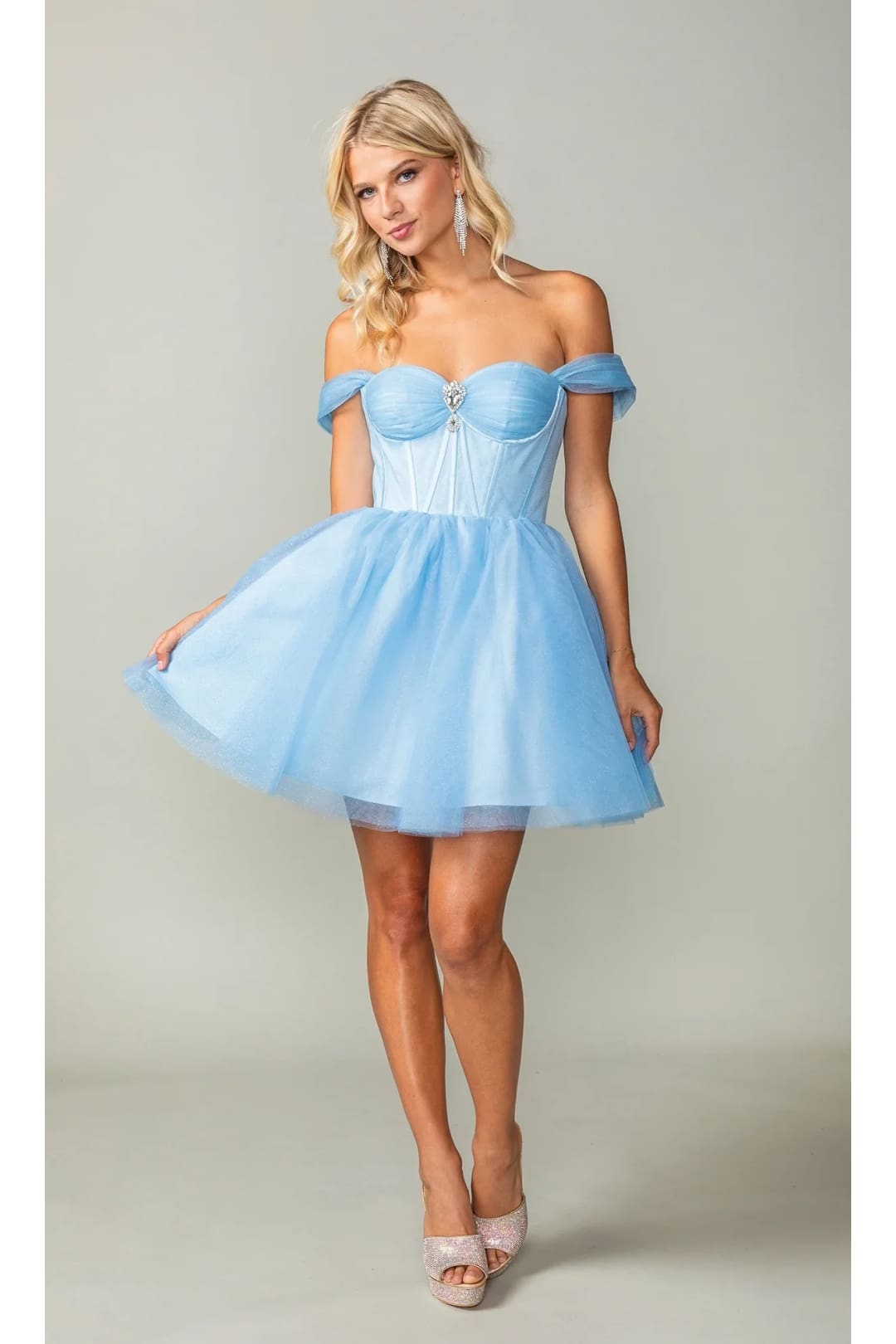 Dancing Queen Dresses DQ-3394 Off-Shoulder Short Fit-and-Flare Dress - Bahama Blue / XS - Dress