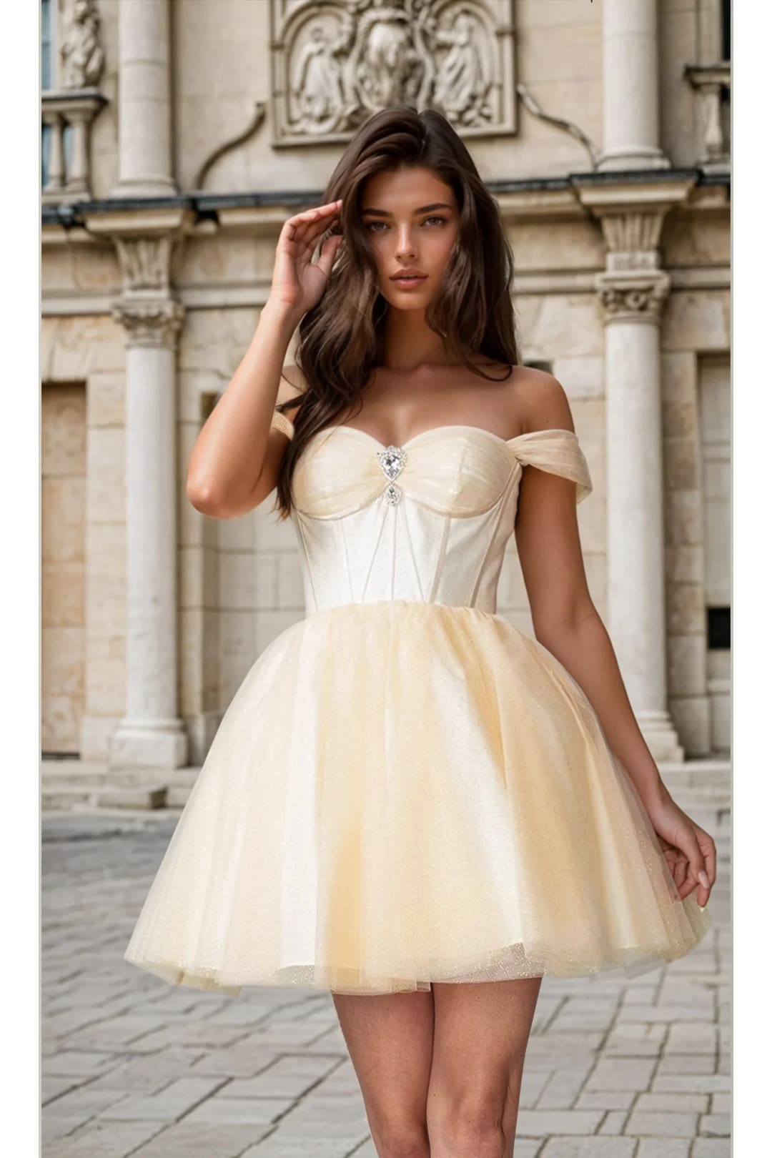 Dancing Queen Dresses DQ-3394 Off-Shoulder Short Fit-and-Flare Dress - Champagne / XS - Dress