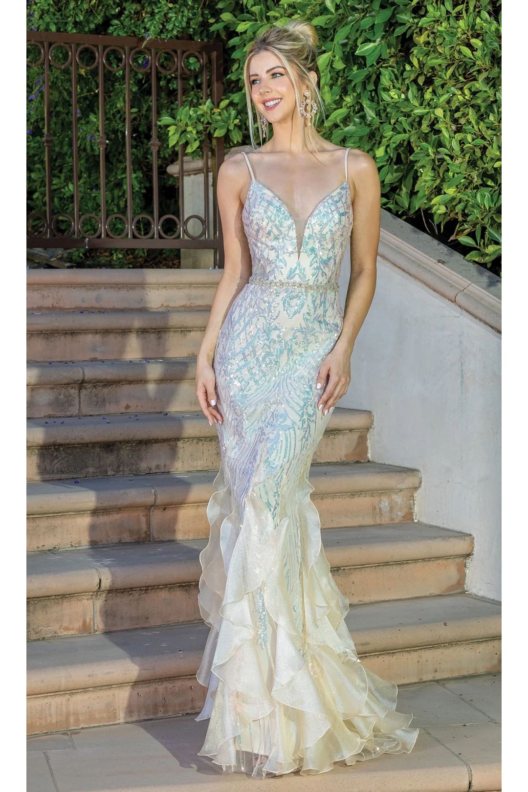 Dancing Queen Dresses DQ-4221 Long Sequin Mermaid Dress with Ruffles - Champagne / XS - Dress