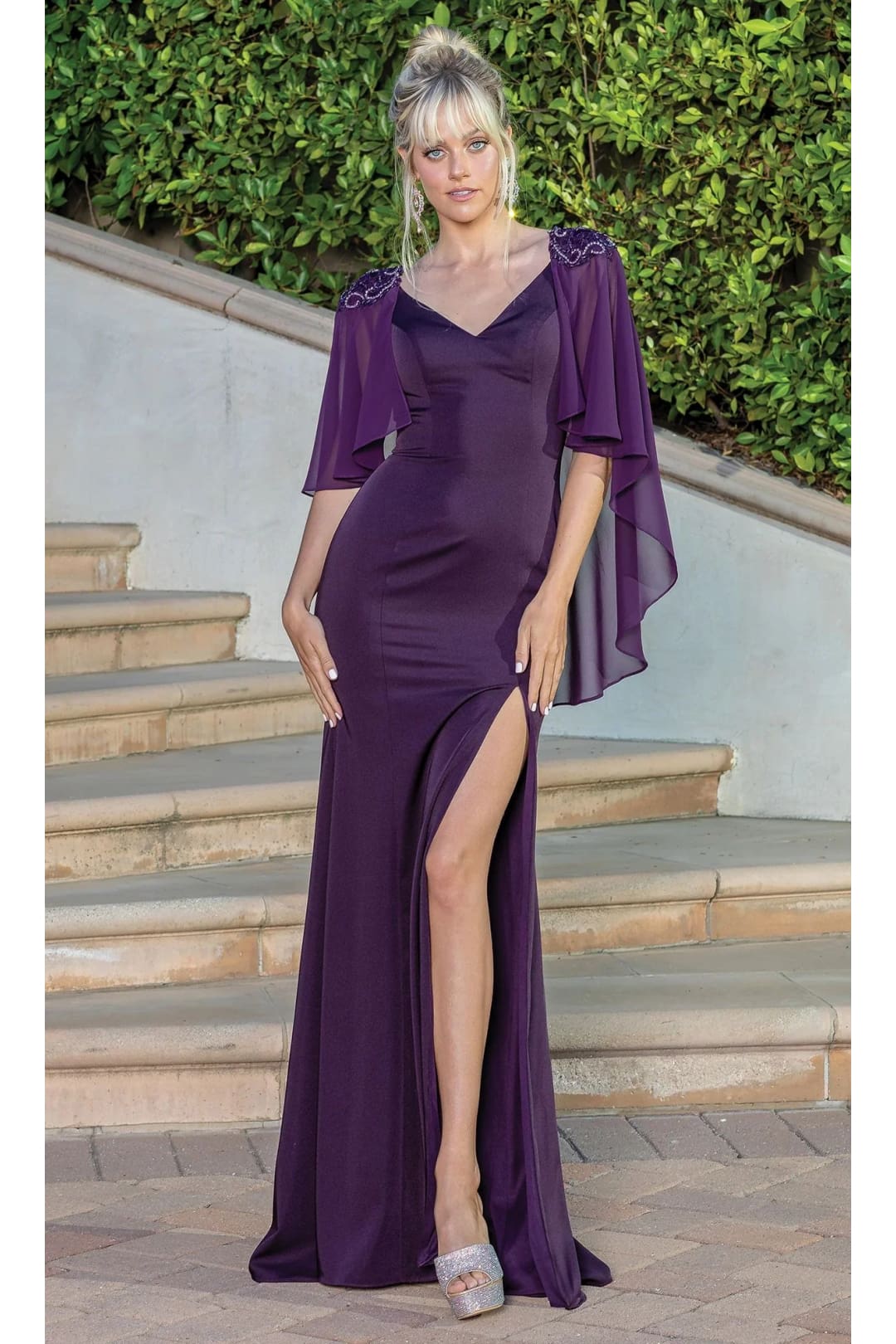 Dancing Queen Dresses DQ-4265 Cape-Sleeve Open-Back V-Neck Long Dress - Plum / XS - Dress