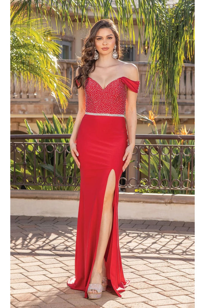 Dancing Queen Dresses DQ-4292 Off-the-Shoulder Dress with Beaded Bodice - Red / XS - Dress