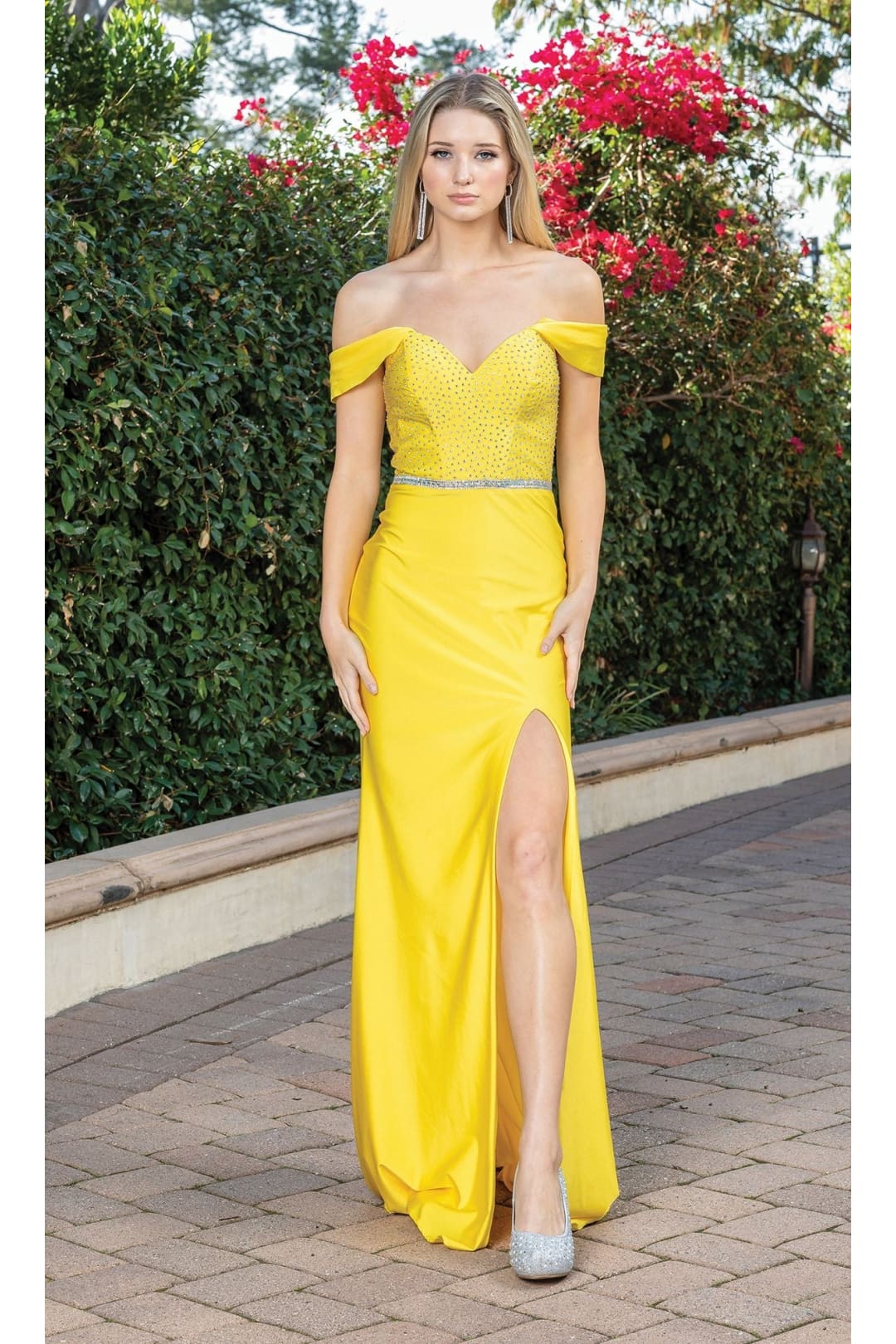 Dancing Queen Dresses DQ-4292 Off-the-Shoulder Dress with Beaded Bodice - Yellow / XS - Dress