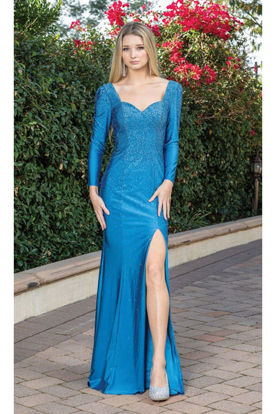 Dancing Queen Dresses DQ-4295 Strappy-Back Long Sleeve Long Formal Gown - Dusty Blue / XS - Dress