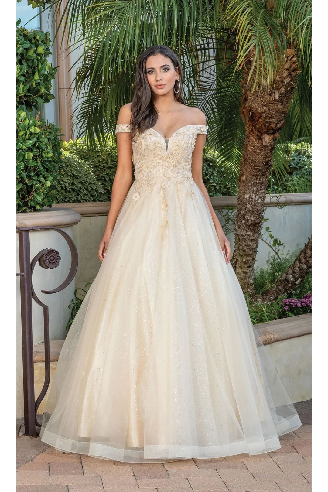 Dancing Queen Dresses DQ-4316 Off-Shoulder Ball Gown with Corset Back - Champagne / M - Dress