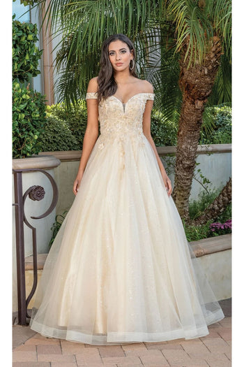 Dancing Queen Dresses DQ-4316 Off-Shoulder Ball Gown with Corset Back - Champagne / M - Dress