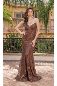 Dancing Queen Dresses DQ-4323 Strappy-Back Long Sequin Prom Dress - Brown / XS - Dress