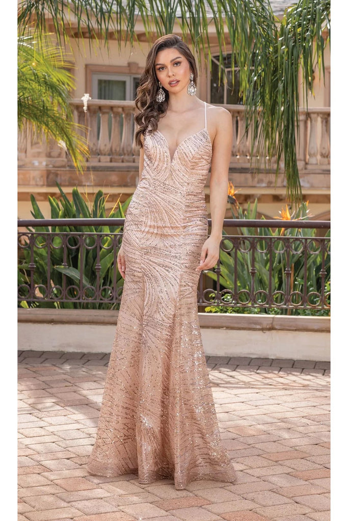 Dancing Queen Dresses DQ-4323 Strappy-Back Long Sequin Prom Dress - Rose gold / XS - Dress