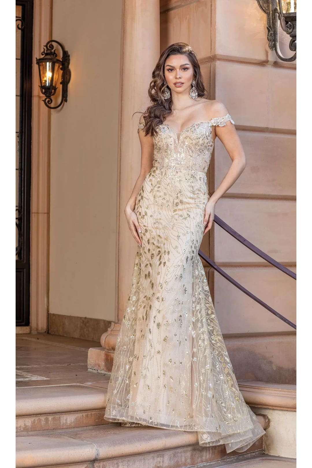 Dancing Queen Dresses DQ-4343 Off-the-Shoulder Long Glitter Prom Dress - Gold / XS - Dress