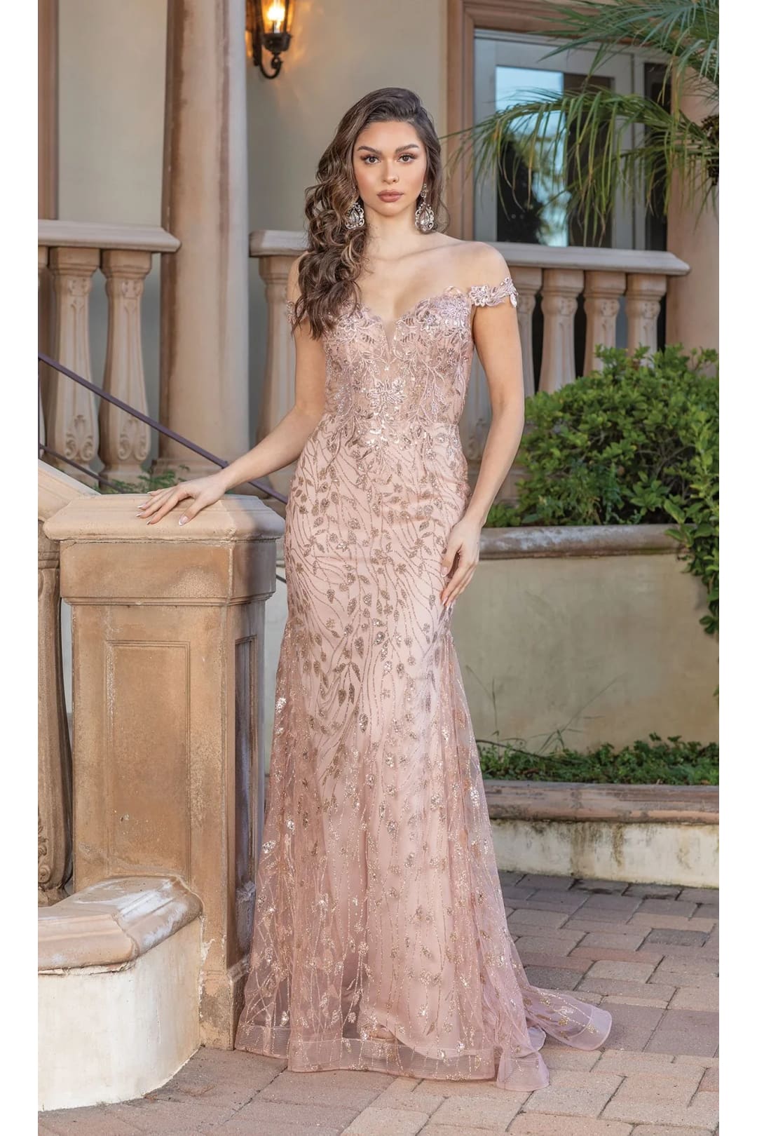 Dancing Queen Dresses DQ-4343 Off-the-Shoulder Long Glitter Prom Dress - Rose gold / XS - Dress