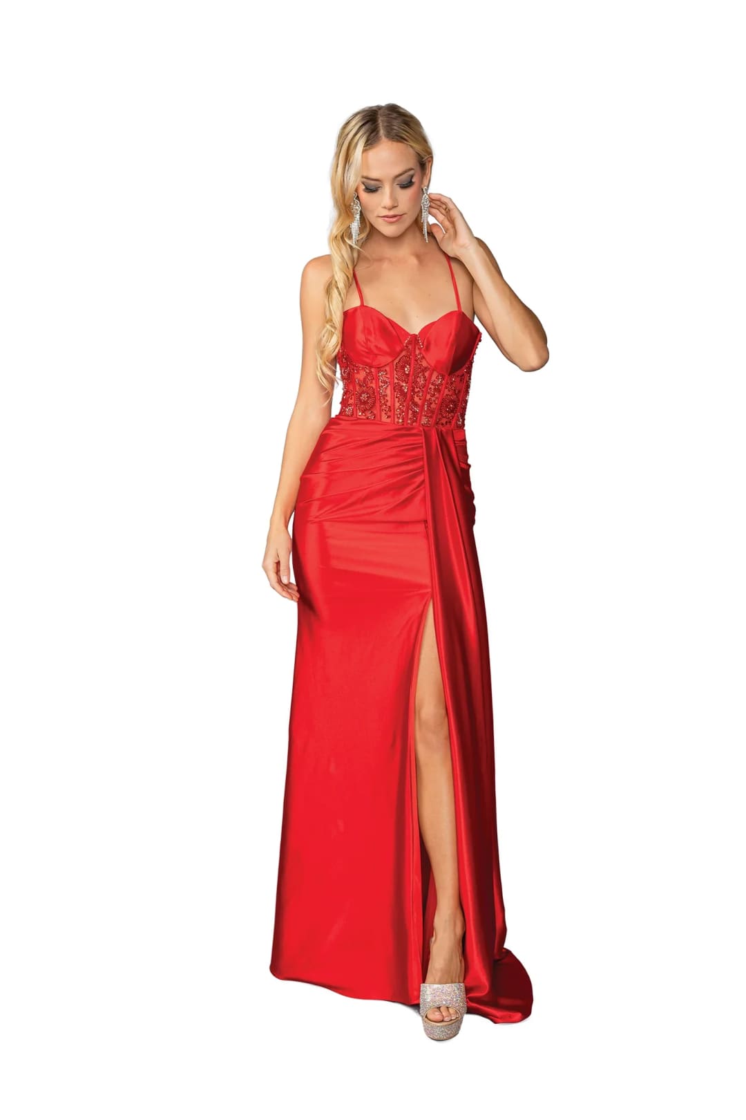 Dancing Queen Dresses DQ-4439 Drape-Front Long Prom Dress - Red / XS - Dress