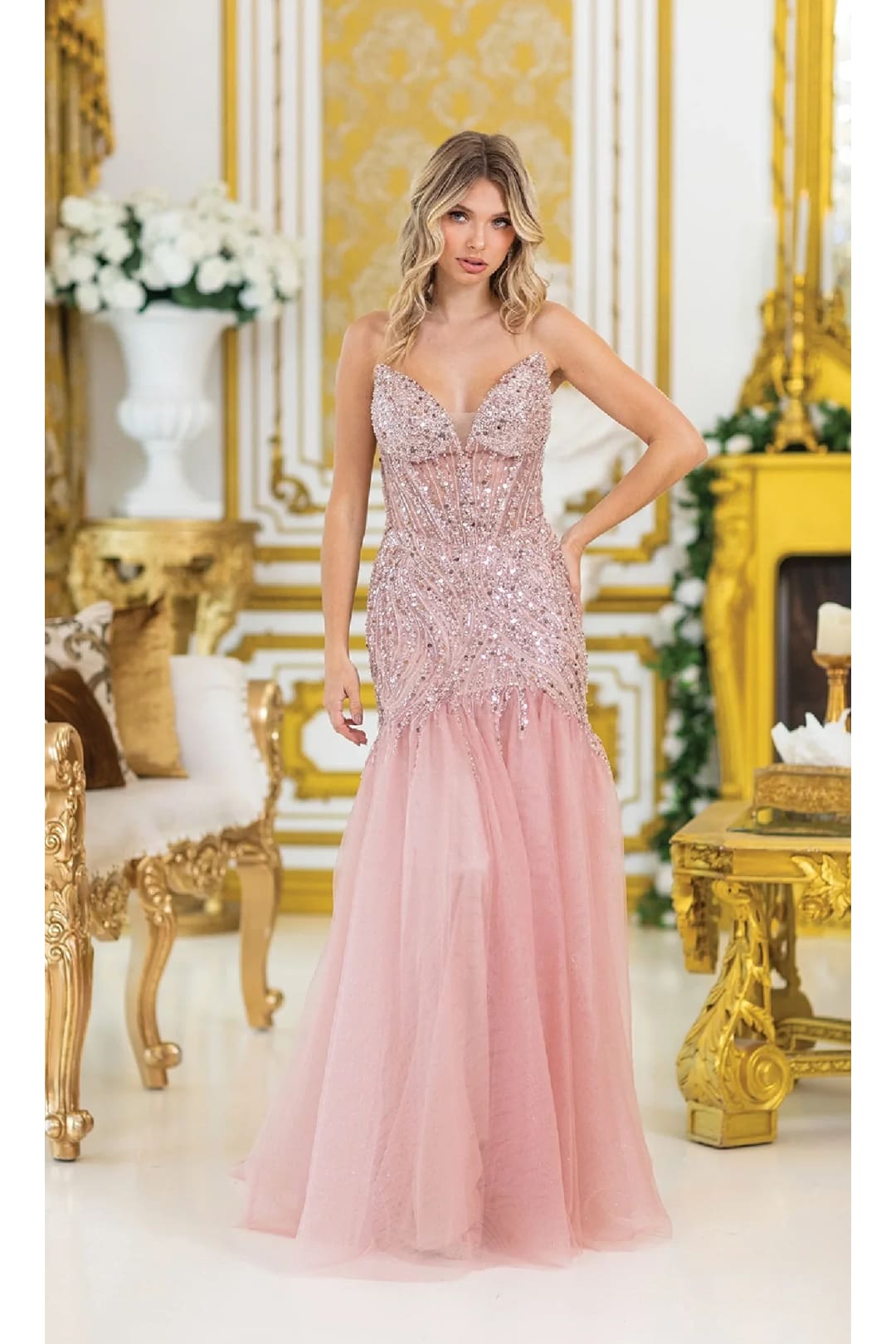 Dancing Queen Dresses DQ-4468 Sequin-Bodice Long Prom Dress - Rose gold / XS - Dress
