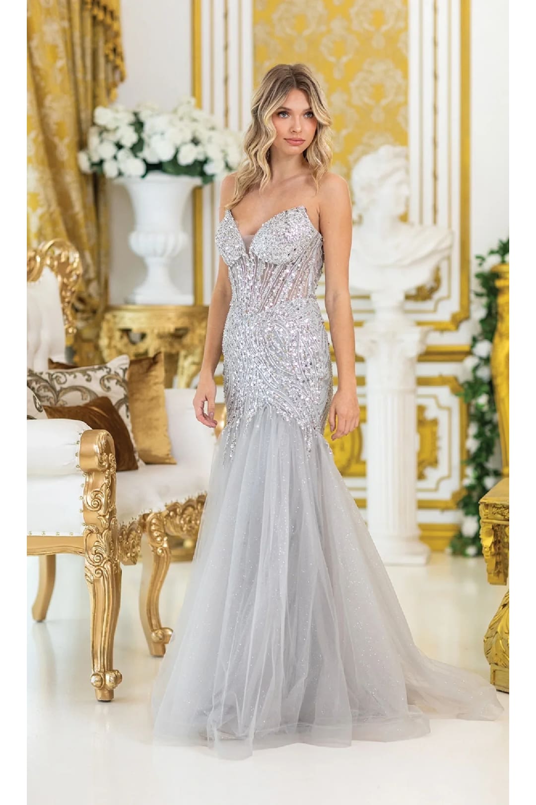 Dancing Queen Dresses DQ-4468 Sequin-Bodice Long Prom Dress - Silver / XS - Dress