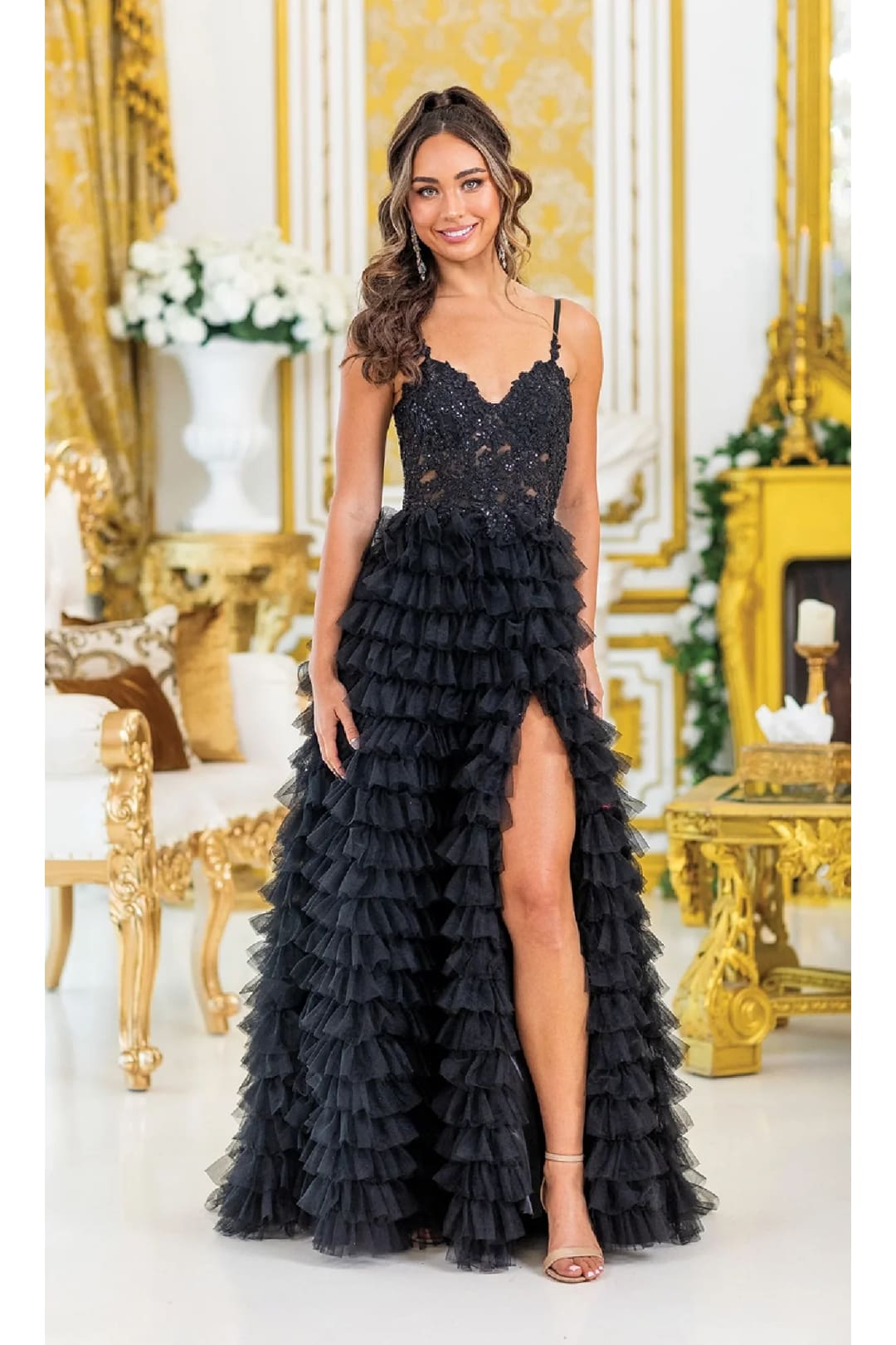 Dancing Queen Dresses DQ-4491 Long Ruffled Prom Ball Gown - Black / XS - Dress