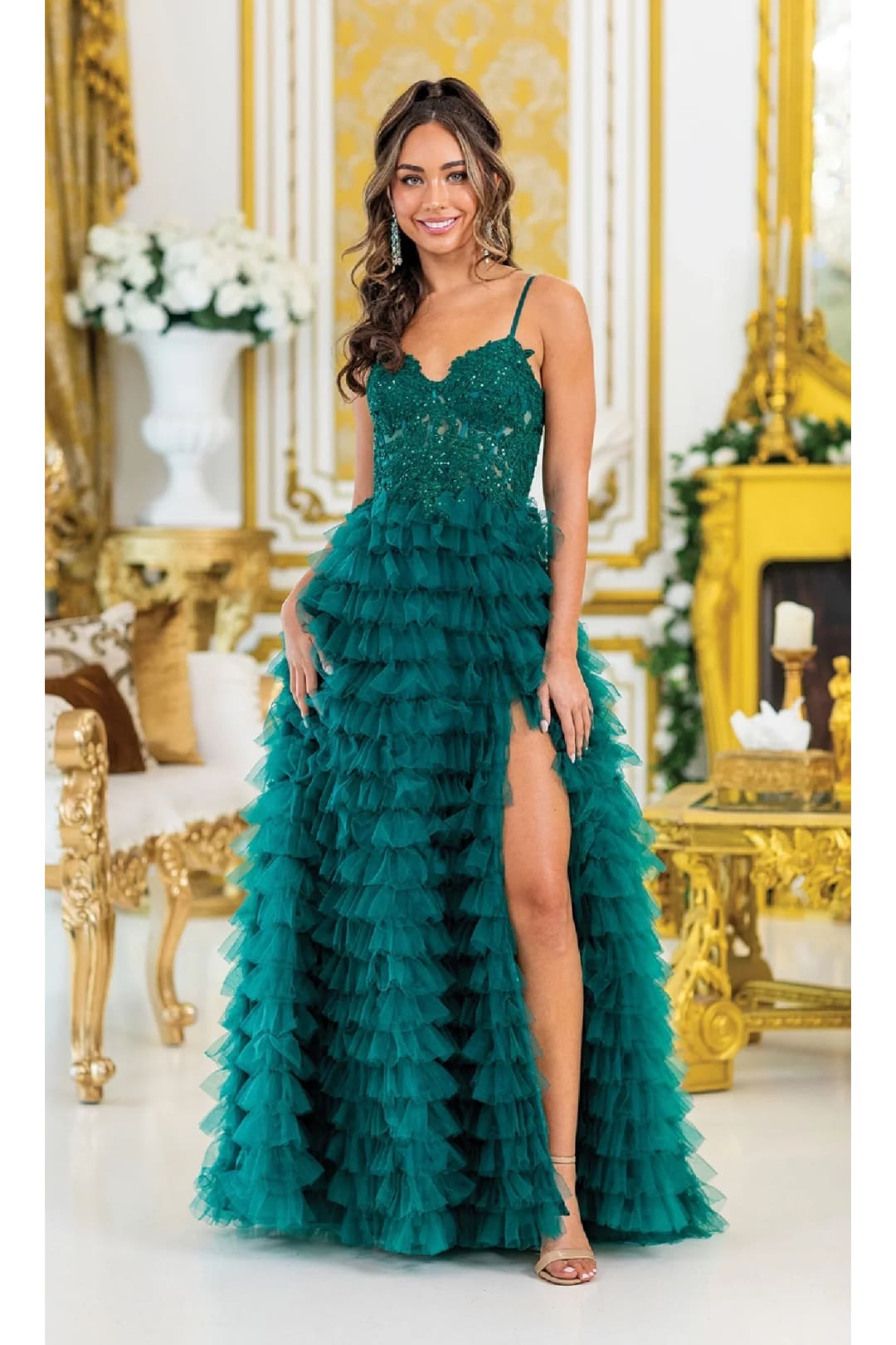 Dancing Queen Dresses DQ-4491 Long Ruffled Prom Ball Gown - Hunter Green / XS - Dress