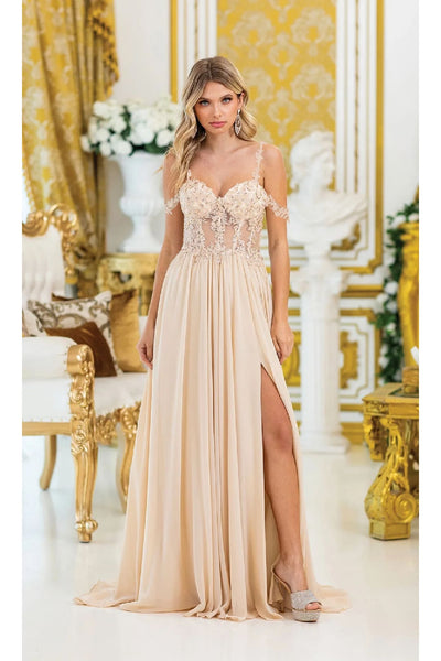 Dancing Queen Dresses DQ-4506 Sheer-Bodice Long Prom Dress - Champagne / XS - Dress