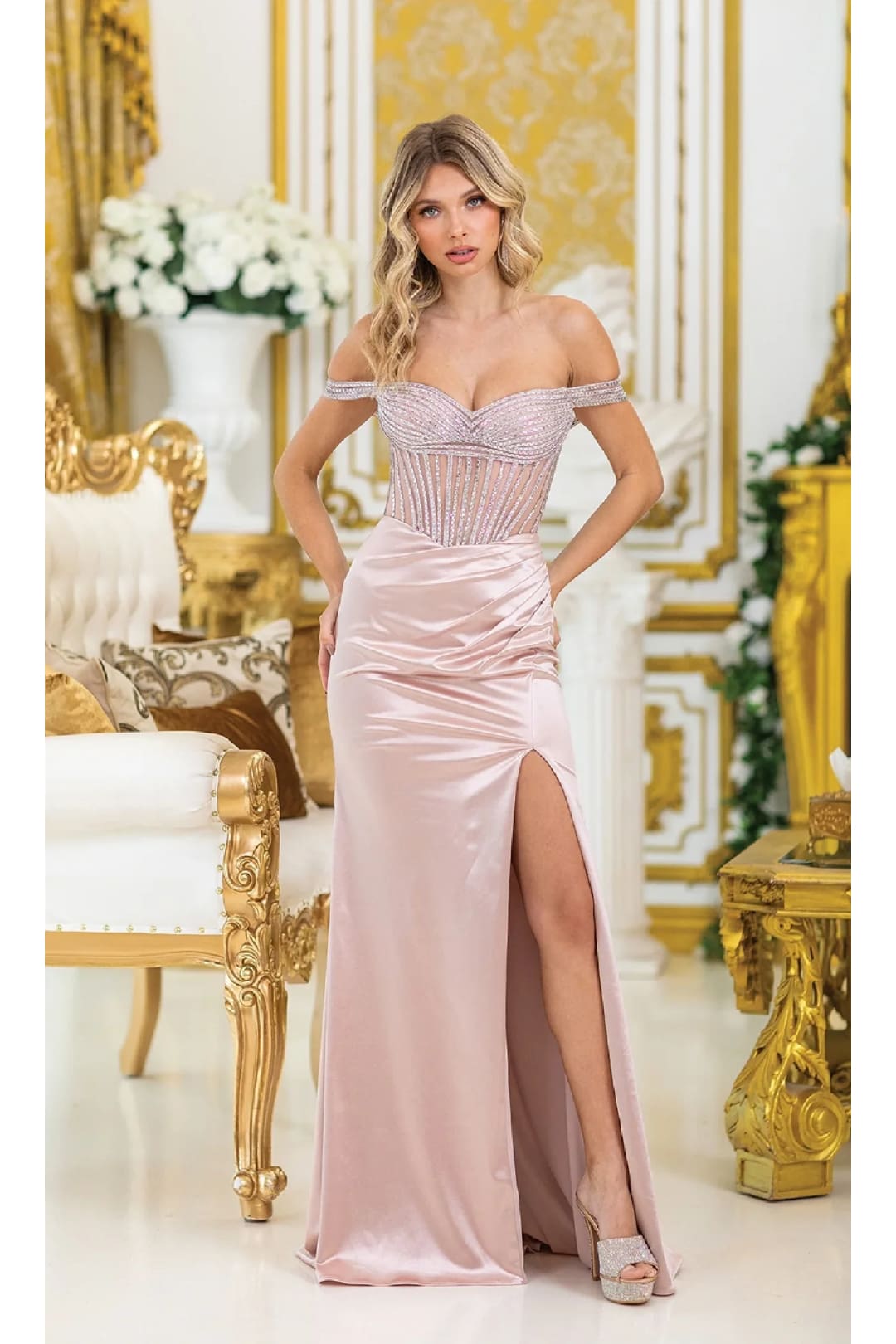 Dancing Queen Dresses DQ-4517 Off-Shoulder Long Dress for a Chic Event - Rose gold / XS - Dress