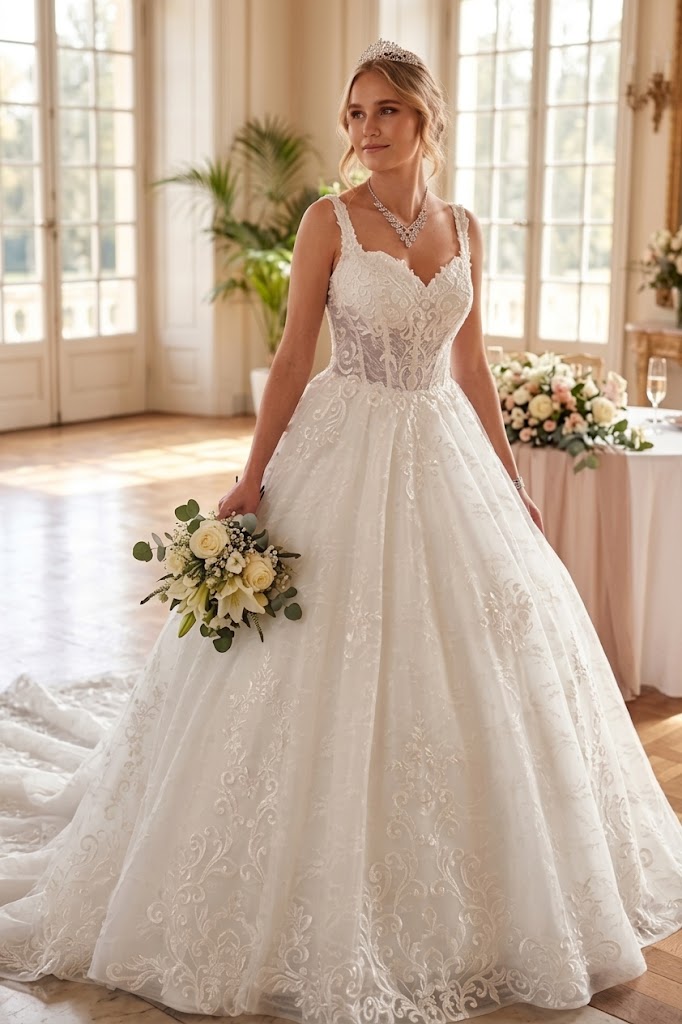 DeKlaire 489 V-Neck A-Line Ball Gown Wedding Dress