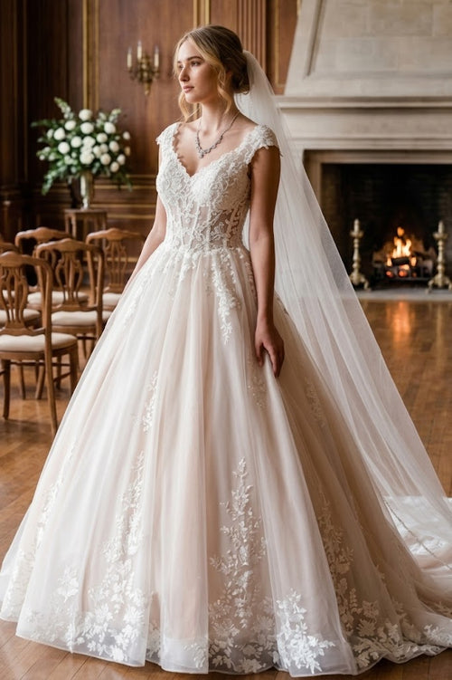 DeKlaire 490 A-Line Wedding Dress with Cap Sleeves and Chapel Train
